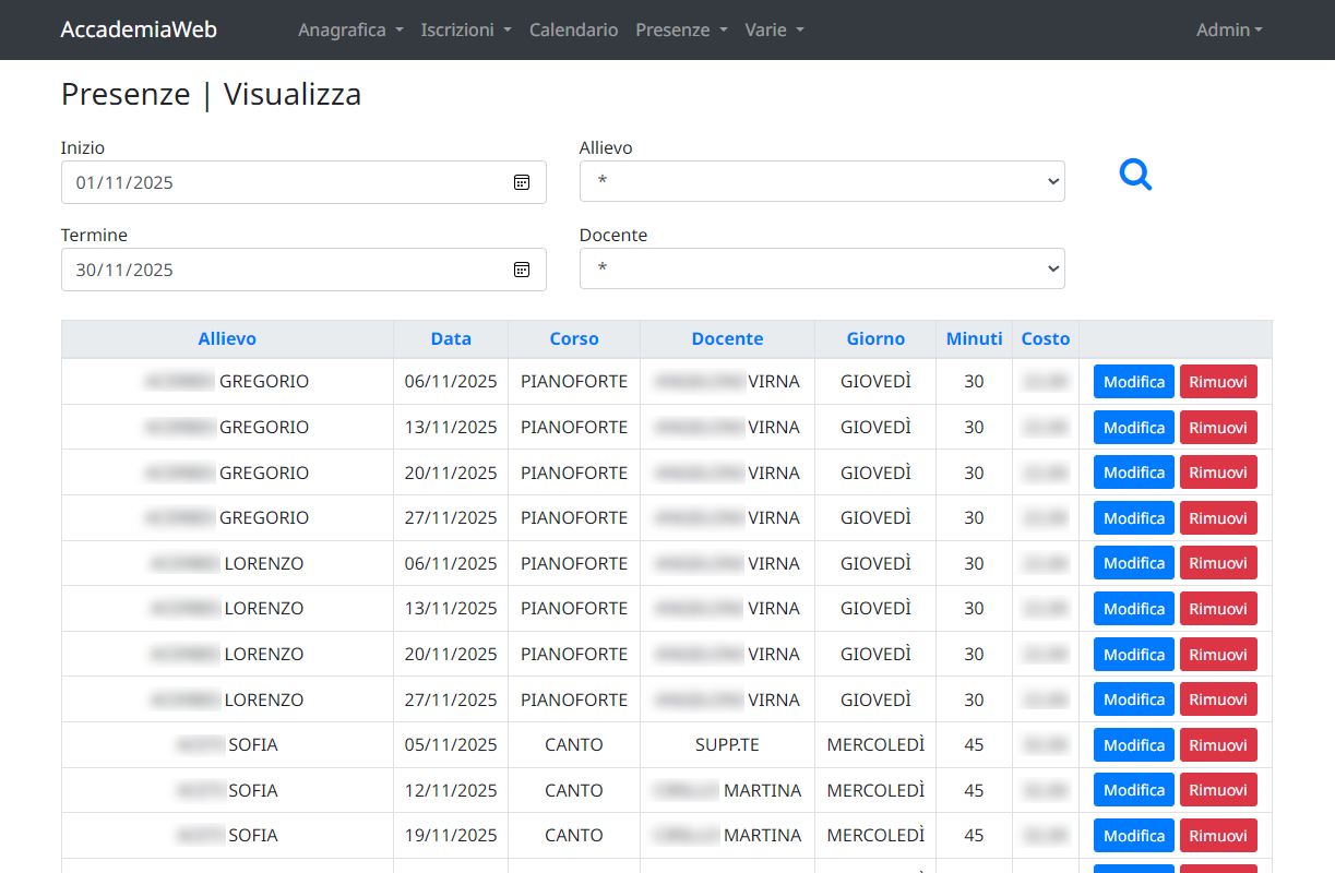 Visualizzazione presenze scuola di musica